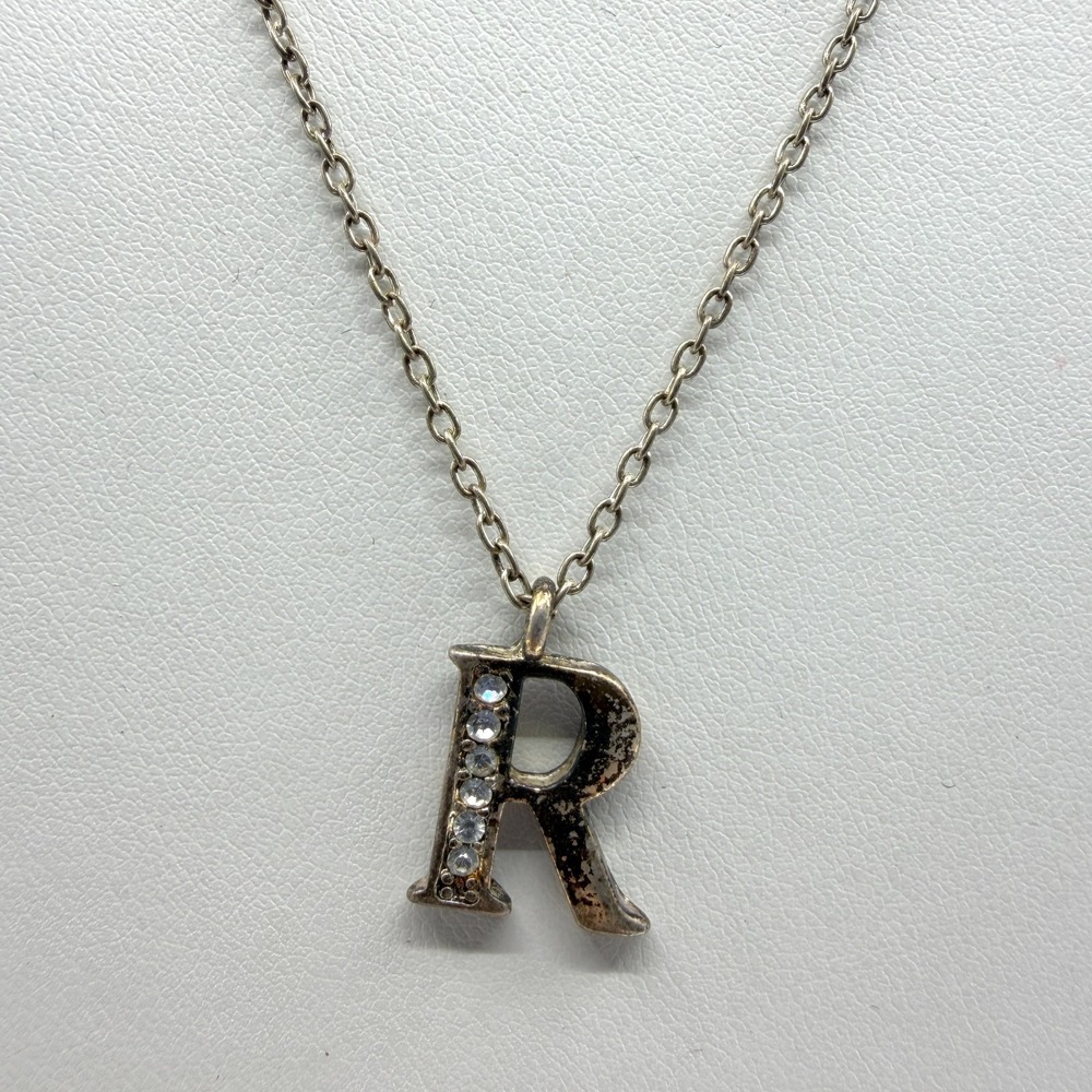 Y2K R Letter Initial Pendant Necklace Silver Tone Rhinestone Charm Dainty Gift